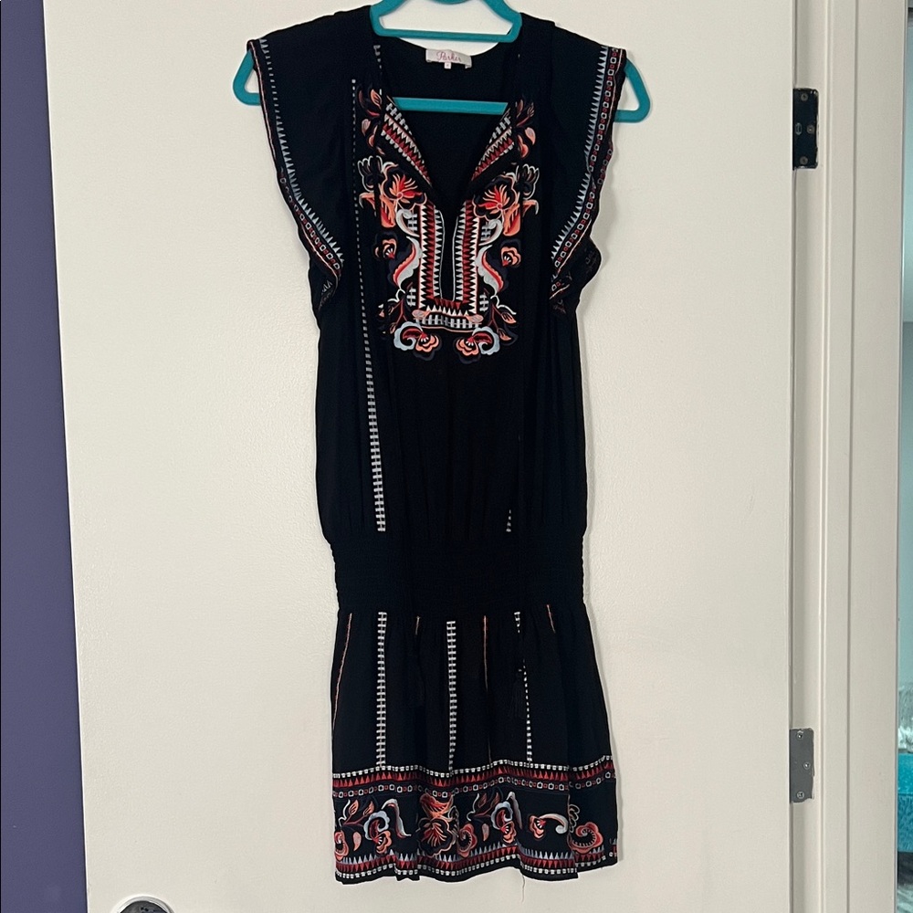Parker Black Mini Dress with orange blue and red Embroidery blue size S